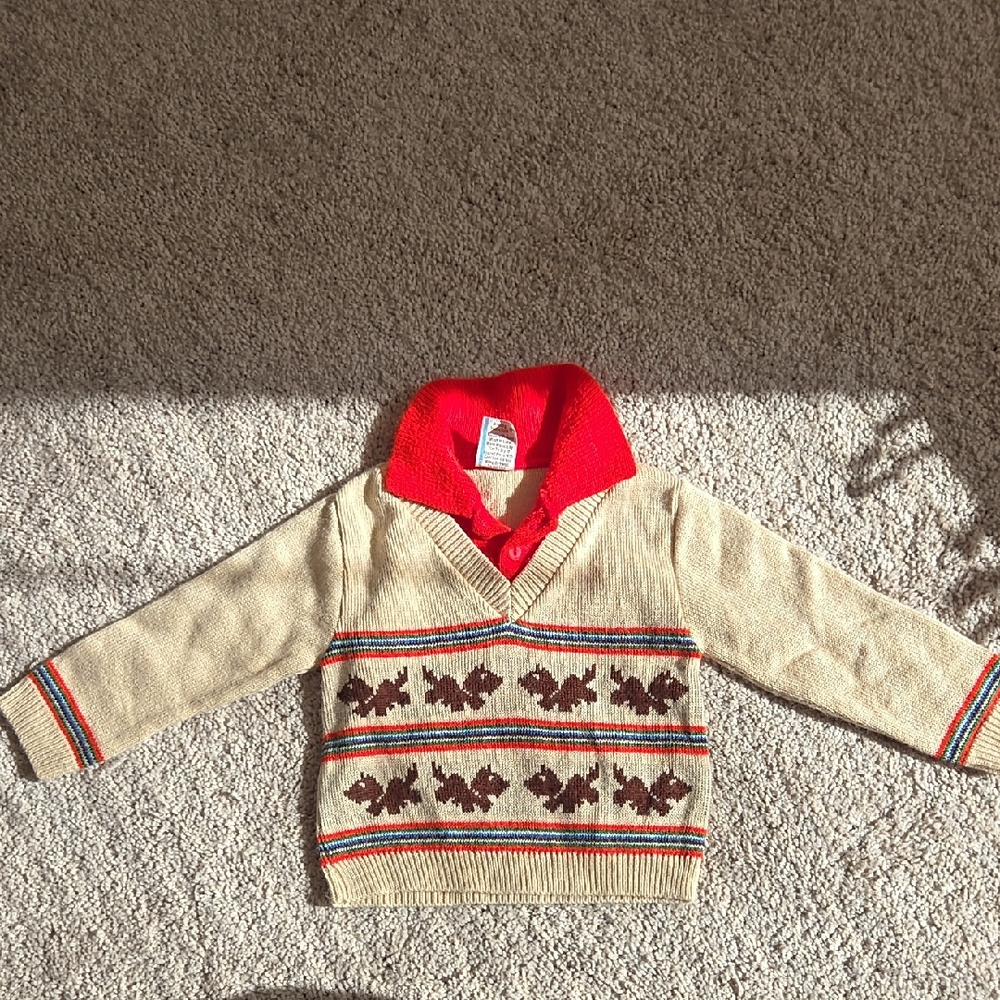 Vintage 1970's Beige and Orange Dog Sweater Size:18 Months